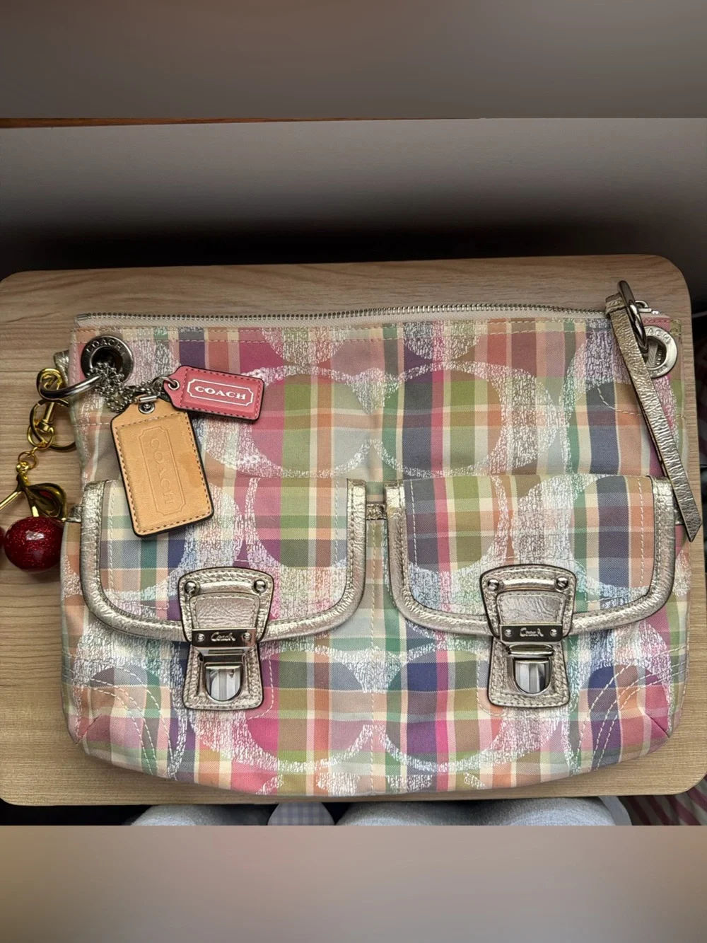 Coach Multicolor Pastel Plaid Shoulder Bag with Metallic Trim